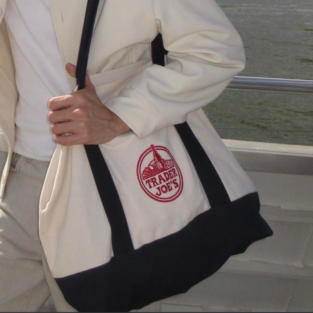 Trader Joe's Cream and Blue Large Tote Bag